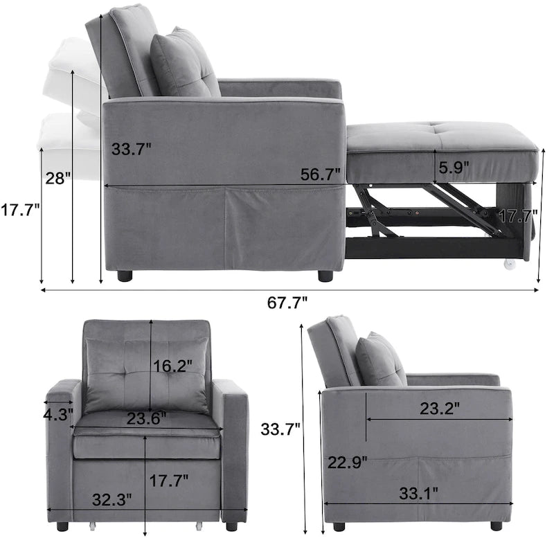Convertible Sleeper Sofa Chair Bed with Adjustable Backrest and Built-In Pillow