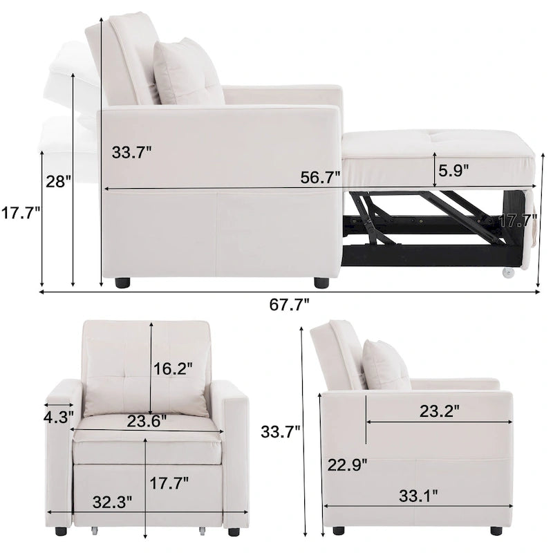 Convertible Sleeper Sofa Chair Bed with Adjustable Backrest and Built-In Pillow