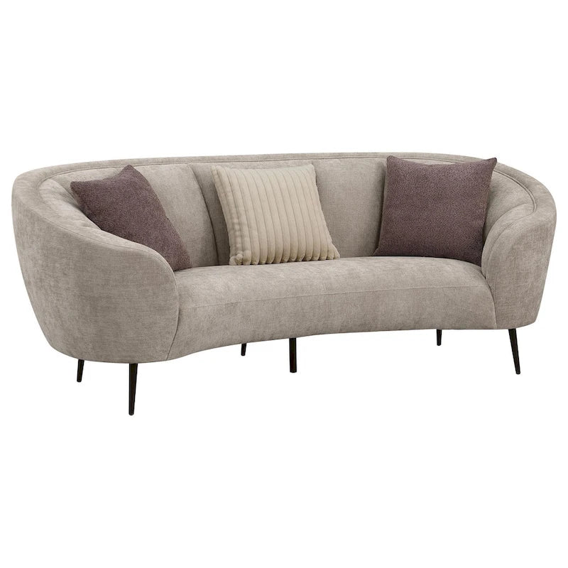 Curved Sofa, 92 Inch, Beige Fabric, Round Design, 3 Accent Pillows