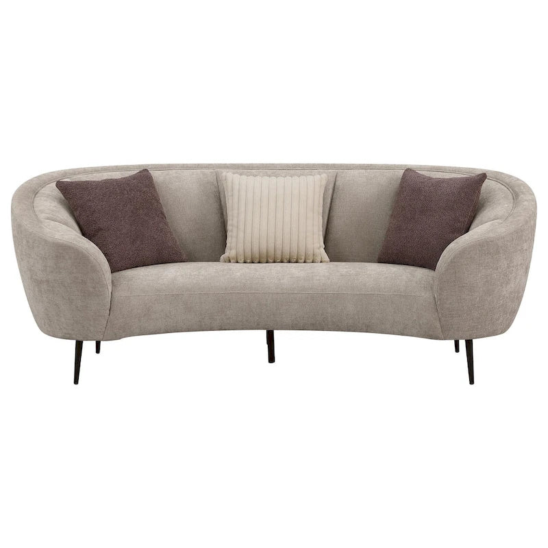 Curved Sofa, 92 Inch, Beige Fabric, Round Design, 3 Accent Pillows