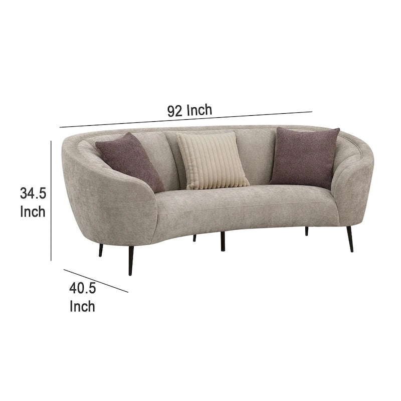 Curved Sofa, 92 Inch, Beige Fabric, Round Design, 3 Accent Pillows