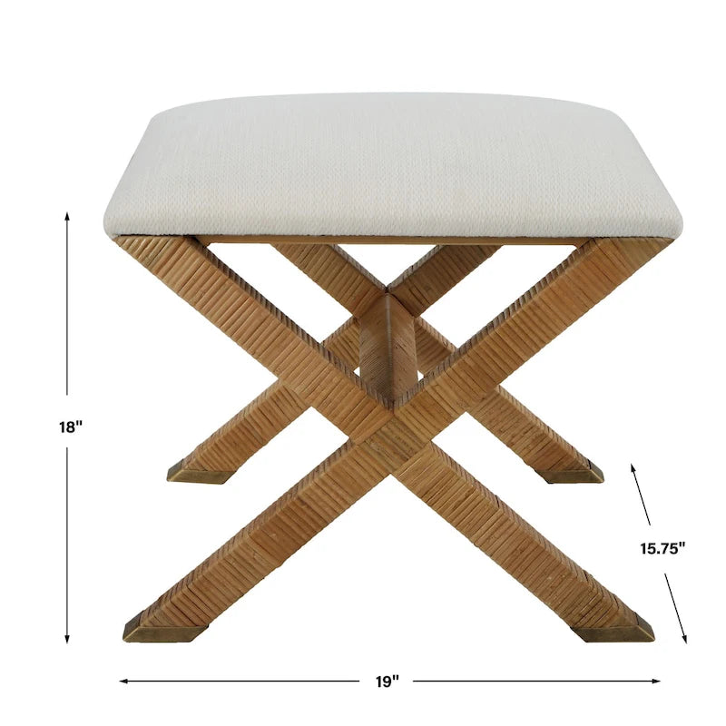 Upholstered Rattan X Shaped Base Small Bench - 19 - White and Brown