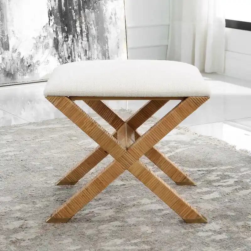 Upholstered Rattan X Shaped Base Small Bench - 19 - White and Brown