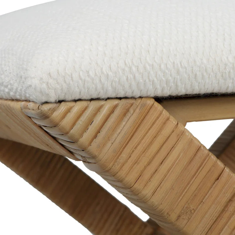 Upholstered Rattan X Shaped Base Small Bench - 19 - White and Brown