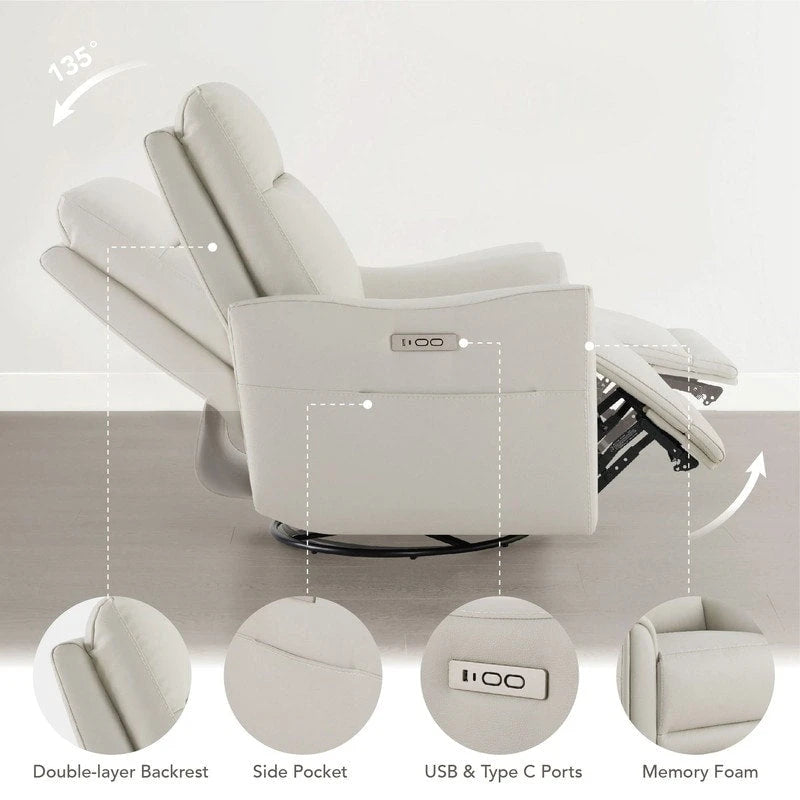 Power Swivel Genuine Leather Recliner Chair Nursery Glider