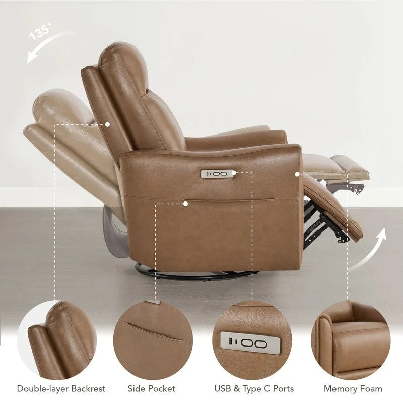 Power Swivel Genuine Leather Recliner Chair Nursery Glider