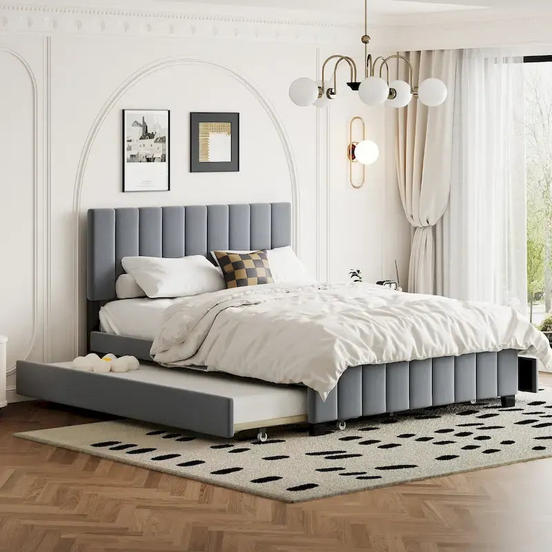 Sametová postel velikosti Queen se 2 zásuvkami a výsuvným lůžkem Twin XL