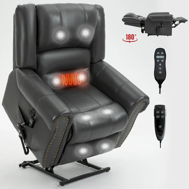 Brauner Relaxsessel aus Kunstleder mit zwei Motoren, Aufstehhilfe, Heizung und Massage, USB-Anschlüssen und stufenloser Neigungsverstellung für Senioren