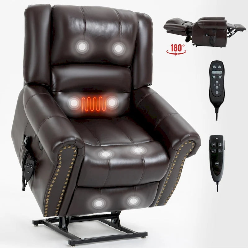 Brown Faux Leather Dual Motor Lift Recliner with Heat and Massage, USB Ports, and Infinite Recline for Seniors
