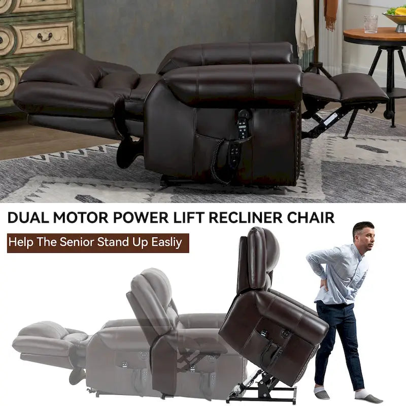 Brauner Relaxsessel aus Kunstleder mit zwei Motoren, Aufstehhilfe, Heizung und Massage, USB-Anschlüssen und stufenloser Neigungsverstellung für Senioren