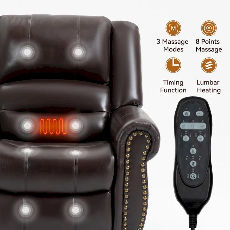 Brauner Relaxsessel aus Kunstleder mit zwei Motoren, Aufstehhilfe, Heizung und Massage, USB-Anschlüssen und stufenloser Neigungsverstellung für Senioren