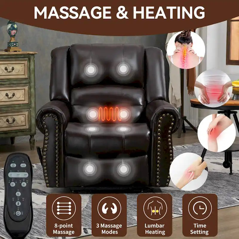Brauner Relaxsessel aus Kunstleder mit zwei Motoren, Aufstehhilfe, Heizung und Massage, USB-Anschlüssen und stufenloser Neigungsverstellung für Senioren