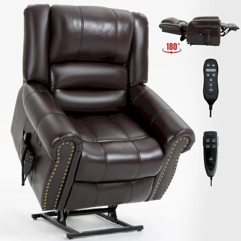 Brauner Relaxsessel aus Kunstleder mit zwei Motoren, Aufstehhilfe, Heizung und Massage, USB-Anschlüssen und stufenloser Neigungsverstellung für Senioren