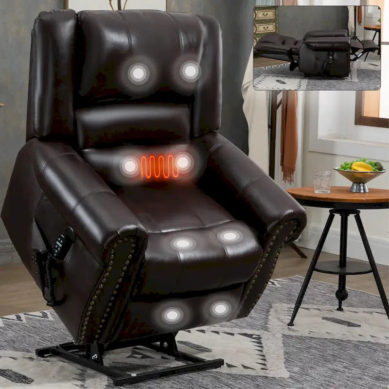Brauner Relaxsessel aus Kunstleder mit zwei Motoren, Aufstehhilfe, Heizung und Massage, USB-Anschlüssen und stufenloser Neigungsverstellung für Senioren