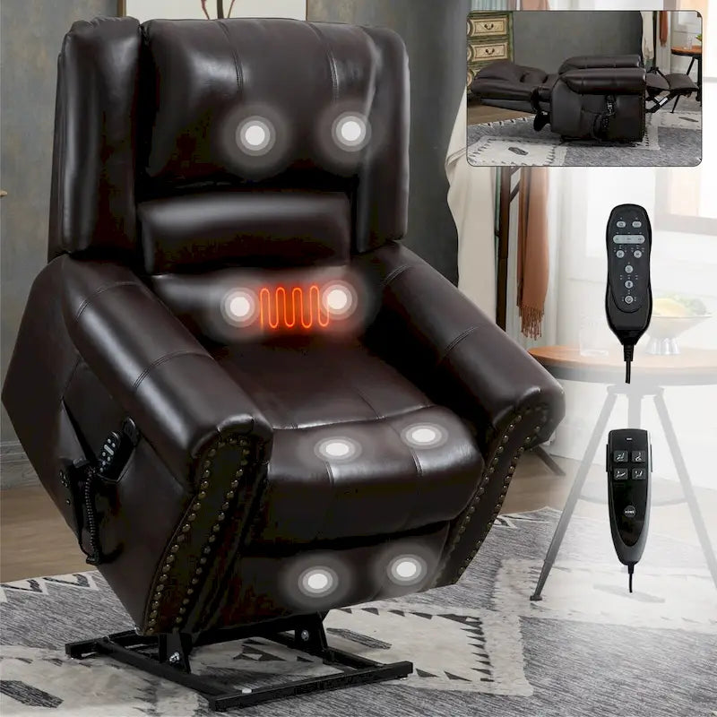 Brauner Relaxsessel aus Kunstleder mit zwei Motoren, Aufstehhilfe, Heizung und Massage, USB-Anschlüssen und stufenloser Neigungsverstellung für Senioren