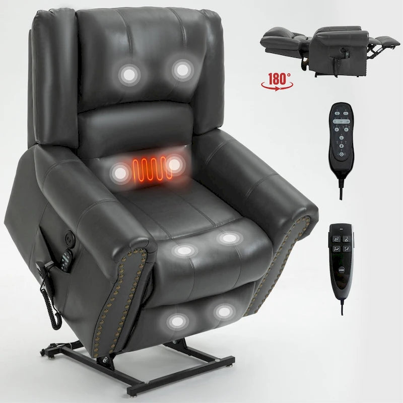 Brauner Relaxsessel aus Kunstleder mit zwei Motoren, Aufstehhilfe, Heizung und Massage, USB-Anschlüssen und stufenloser Neigungsverstellung für Senioren