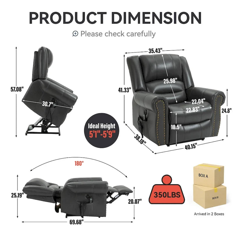 Brauner Relaxsessel aus Kunstleder mit zwei Motoren, Aufstehhilfe, Heizung und Massage, USB-Anschlüssen und stufenloser Neigungsverstellung für Senioren