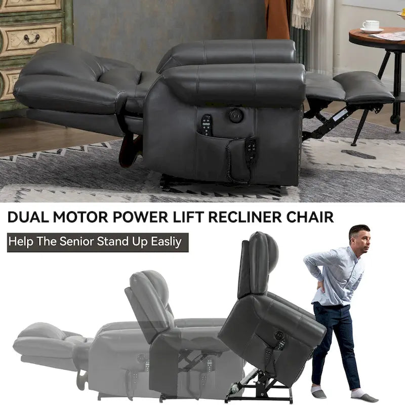 Brauner Relaxsessel aus Kunstleder mit zwei Motoren, Aufstehhilfe, Heizung und Massage, USB-Anschlüssen und stufenloser Neigungsverstellung für Senioren
