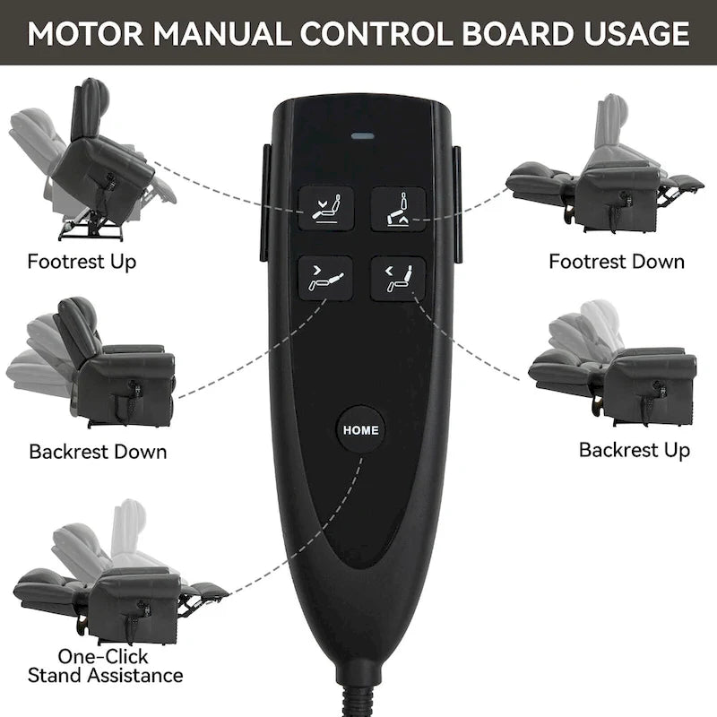 Brauner Relaxsessel aus Kunstleder mit zwei Motoren, Aufstehhilfe, Heizung und Massage, USB-Anschlüssen und stufenloser Neigungsverstellung für Senioren