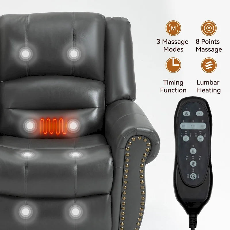 Brauner Relaxsessel aus Kunstleder mit zwei Motoren, Aufstehhilfe, Heizung und Massage, USB-Anschlüssen und stufenloser Neigungsverstellung für Senioren