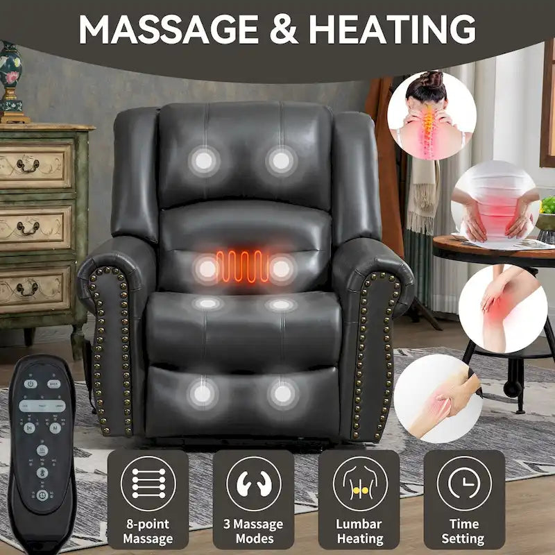 Brauner Relaxsessel aus Kunstleder mit zwei Motoren, Aufstehhilfe, Heizung und Massage, USB-Anschlüssen und stufenloser Neigungsverstellung für Senioren