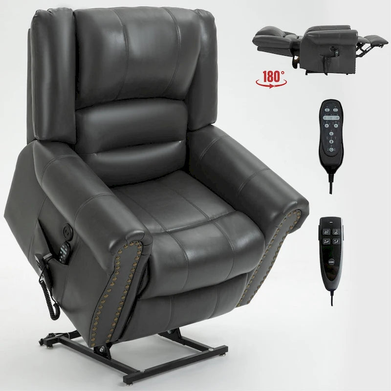 Brauner Relaxsessel aus Kunstleder mit zwei Motoren, Aufstehhilfe, Heizung und Massage, USB-Anschlüssen und stufenloser Neigungsverstellung für Senioren