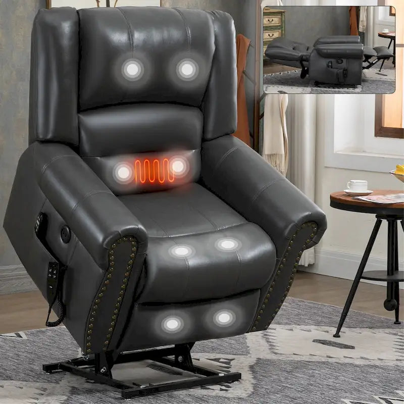 Brauner Relaxsessel aus Kunstleder mit zwei Motoren, Aufstehhilfe, Heizung und Massage, USB-Anschlüssen und stufenloser Neigungsverstellung für Senioren