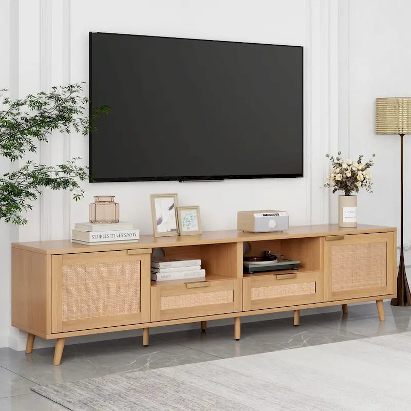 Wood Rattan TV Stand Modern Farmhouse Storage Cabinet For 85 inch TV - 14.60 x 78.74 x 18.90
