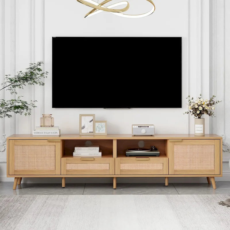 Dřevěný ratanový TV stolek, moderní úložná skříň ve stylu moderního statku pro 85palcový televizor - 14.60 x 78.74 x 18.90