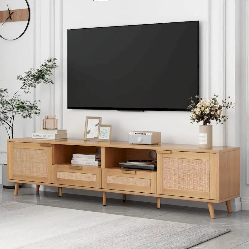 Dřevěný ratanový TV stolek, moderní úložná skříň ve stylu moderního statku pro 85palcový televizor - 14.60 x 78.74 x 18.90