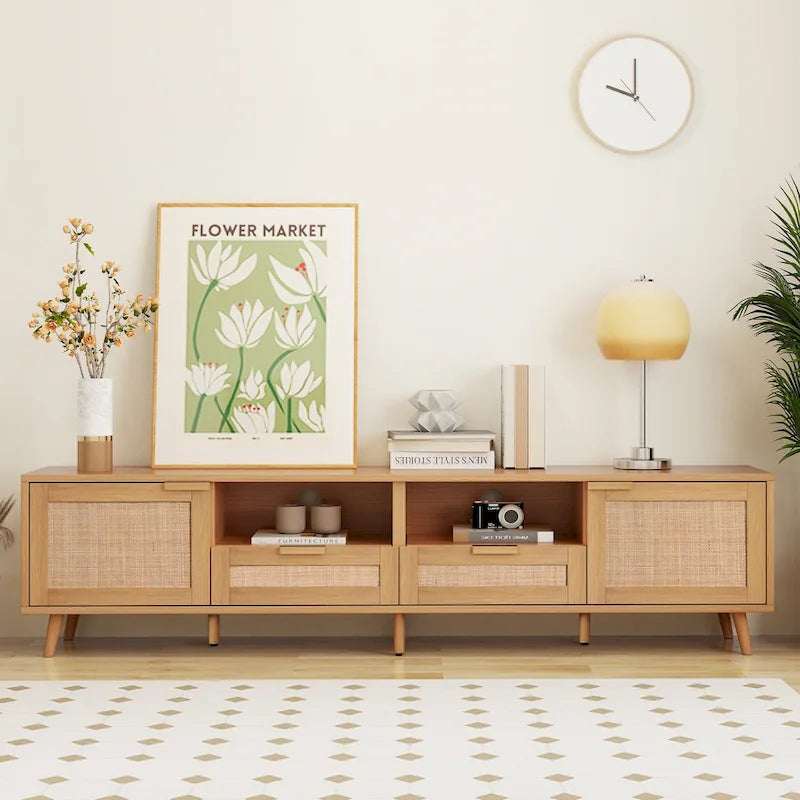 Dřevěný ratanový TV stolek, moderní úložná skříň ve stylu moderního statku pro 85palcový televizor - 14.60 x 78.74 x 18.90