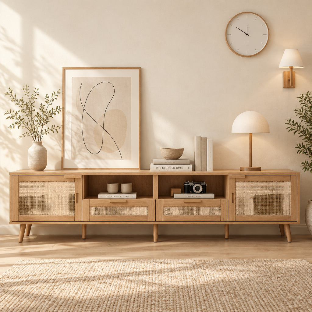 Dřevěný ratanový TV stolek, moderní úložná skříň ve stylu moderního statku pro 85palcový televizor - 14.60 x 78.74 x 18.90