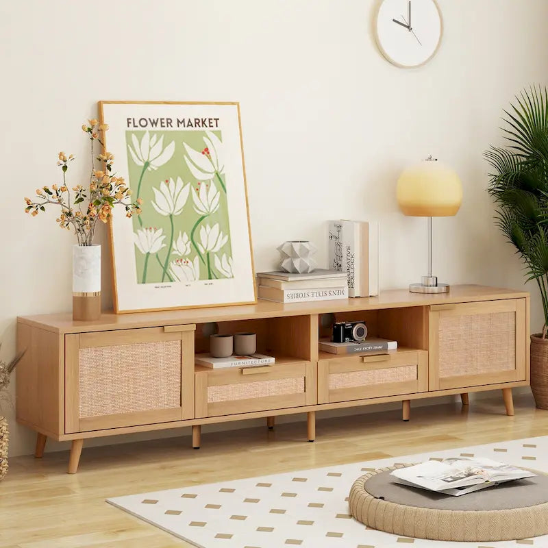 Dřevěný ratanový TV stolek, moderní úložná skříň ve stylu moderního statku pro 85palcový televizor - 14.60 x 78.74 x 18.90