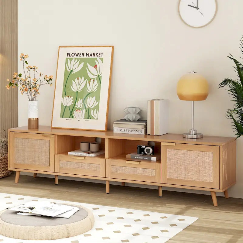 Dřevěný ratanový TV stolek, moderní úložná skříň ve stylu moderního statku pro 85palcový televizor - 14.60 x 78.74 x 18.90