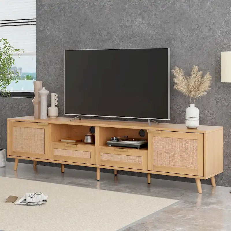 Dřevěný ratanový TV stolek, moderní úložná skříň ve stylu moderního statku pro 85palcový televizor - 14.60 x 78.74 x 18.90