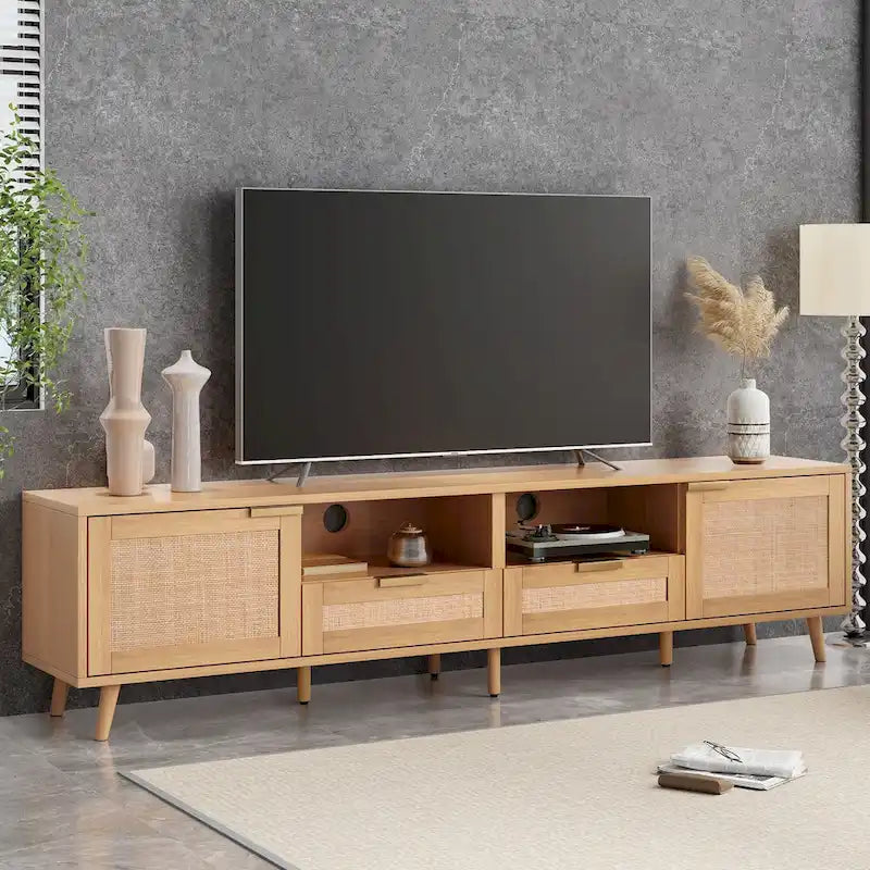 Dřevěný ratanový TV stolek, moderní úložná skříň ve stylu moderního statku pro 85palcový televizor - 14.60 x 78.74 x 18.90
