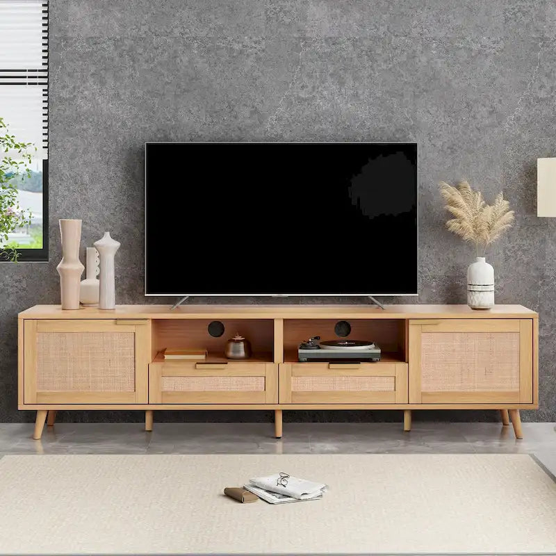 Dřevěný ratanový TV stolek, moderní úložná skříň ve stylu moderního statku pro 85palcový televizor - 14.60 x 78.74 x 18.90