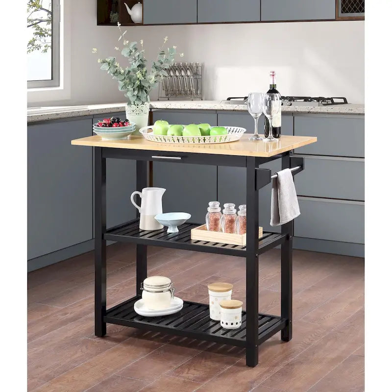 3 Tier Butcher Block Kitchen Prep Island with Drawer