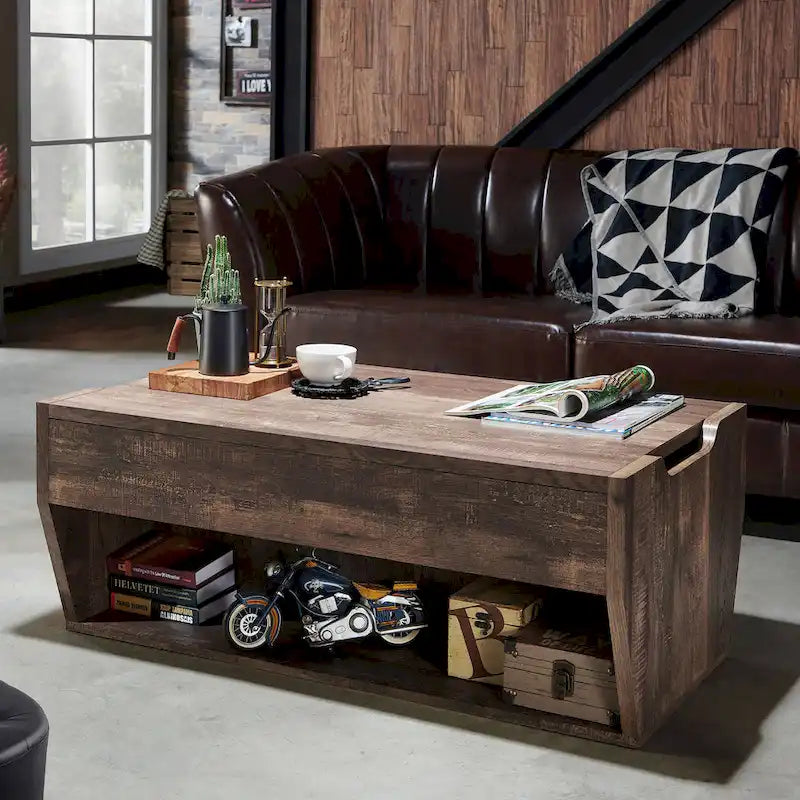 DH BASIC Rustic Oak Lift-Top 42 Storage Coffee Table by Denhour