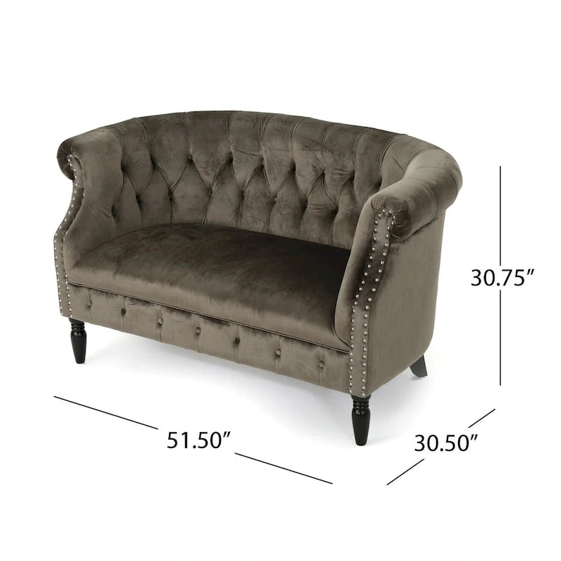 Samt-Loveseat mit Knopfsteppung und geschwungenen Armlehnen