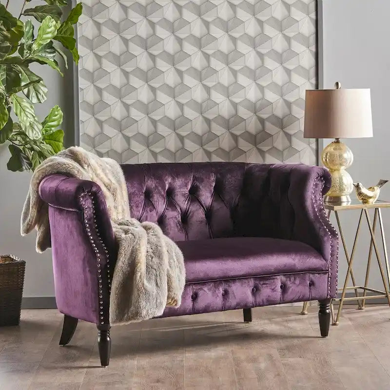 Samt-Loveseat mit Knopfsteppung und geschwungenen Armlehnen