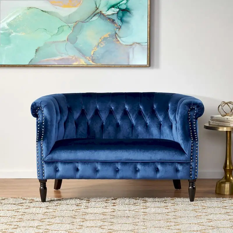 Samt-Loveseat mit Knopfsteppung und geschwungenen Armlehnen