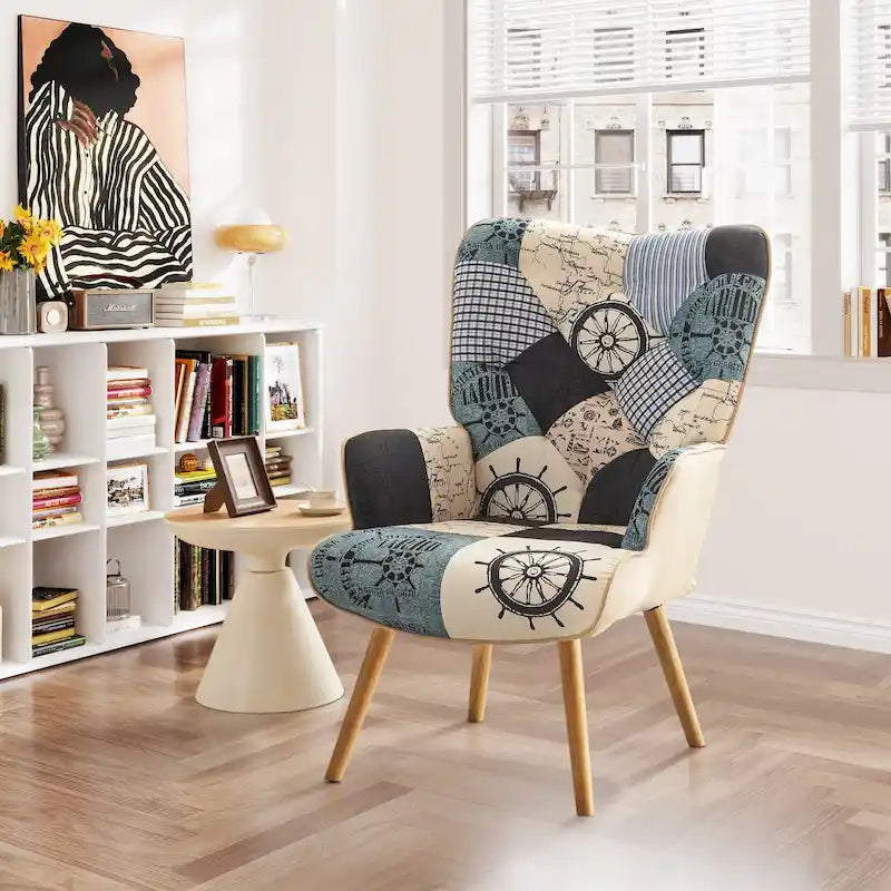 Linen Upholstered Modern Armchair Accent Chair with Wood Legs