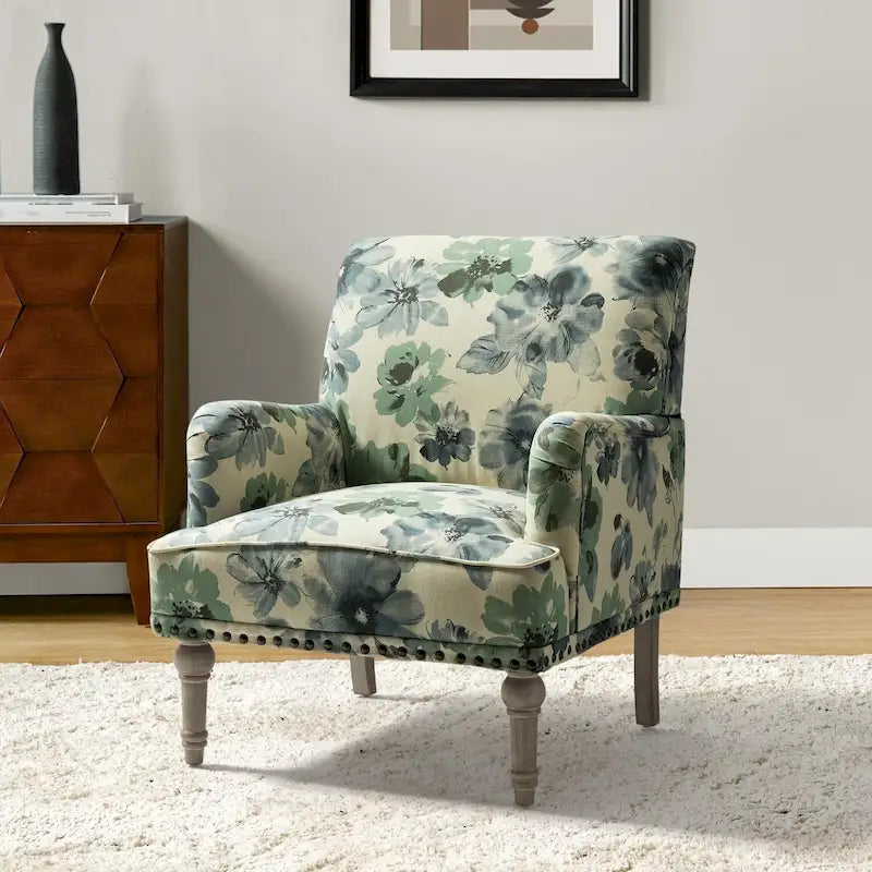 Traditonal Floral Fabric Design Upholstered Accent Armchair with Turned Legs