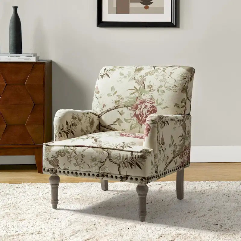 Traditonal Floral Fabric Design Upholstered Accent Armchair with Turned Legs