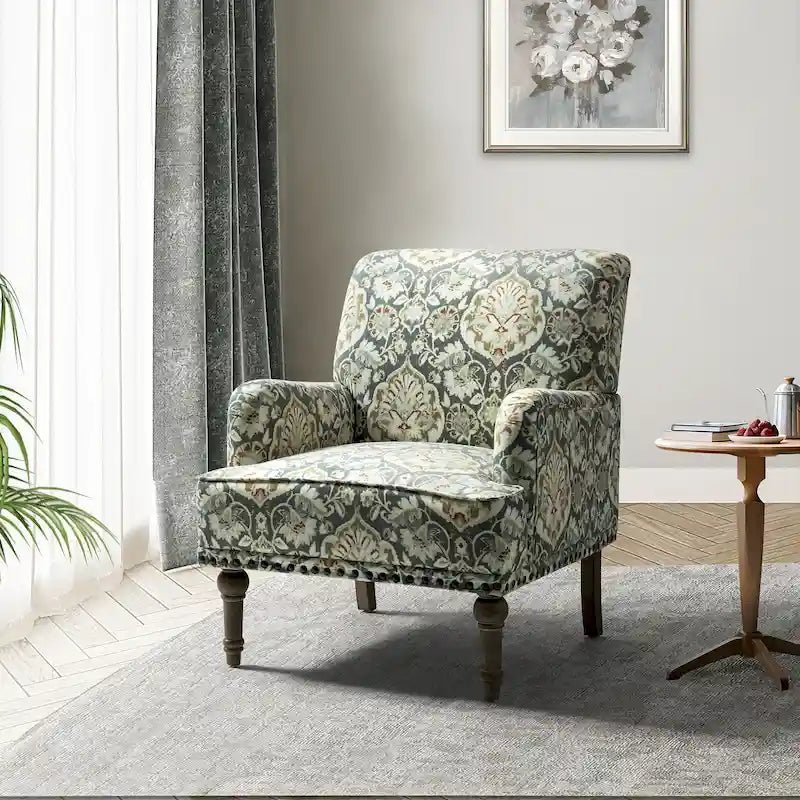 Traditonal Floral Fabric Design Upholstered Accent Armchair with Turned Legs