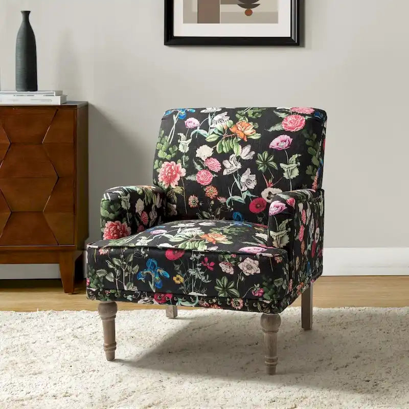 Traditonal Floral Fabric Design Upholstered Accent Armchair with Turned Legs