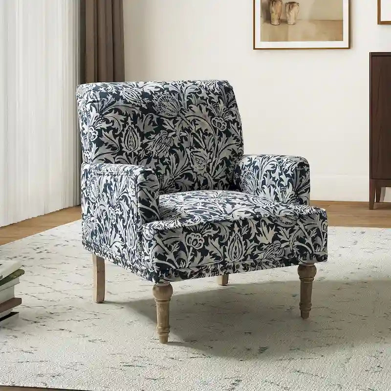 Traditonal Floral Fabric Design Upholstered Accent Armchair with Turned Legs