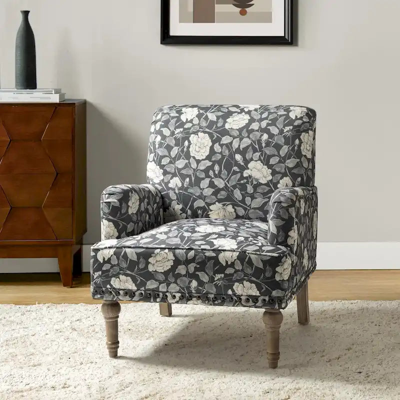 Traditonal Floral Fabric Design Upholstered Accent Armchair with Turned Legs