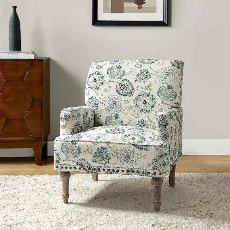 Traditonal Floral Fabric Design Upholstered Accent Armchair with Turned Legs